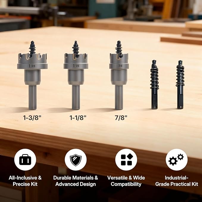BLACK CANYON 5 Pcs Carbide Hole Saw Kit, Heavy Duty Hole Saw kit, Includes 7/8" / 1-1/8"/ 1-3/8"Carbide Hole Cutters and Pilot Bits & Hex Hey, for Stainless Steel/Iron/Aluminum/Metal