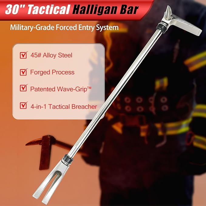 Halligan Bar Set - 12/18/24/30/35" Firefighter Tool - Forged Steel One-Piece Construction | Fork Gap Design