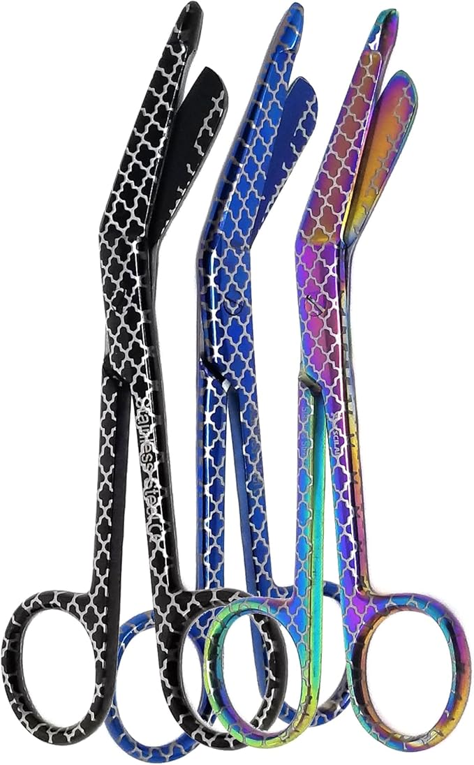 Set of 3 Assorted Pattern Nurse Doctor EMT Lister Bandage Scissors 5.5" (14cm), Stainless Steel, Premium Quality-Ideal Gift (PK13)