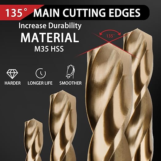 13Pcs Cobalt Drill Bit Set, M35 HSS, SAE (1/16" - 1/4"), 135째 Tip, Twist Jobber Length Drill Bit Kit for Hardened Metal, Stainless Steel, Cast Iron, Plastic and Wood, Indexed Storage Case