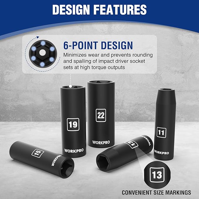 WORKPRO 14-Piece 1/2竊?Drive Deep Impact Socket Set, 6-Point Impact Deep Socket Set with Heavy Duty Storage Case for Automotive and Mechanical Repairs, 10mm-27mm, Cr-V Steel, Metric