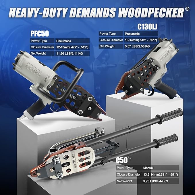Woodpecker PFC50 11 Gauge 1-3/4'' (45mm) Crown Heavy Duty Pneuamtic Hog Ring Gun with 12mm to 13mm Closure Diameter, Large Snap Ring Pliers Tool for Gabion Cage and Border Fencing