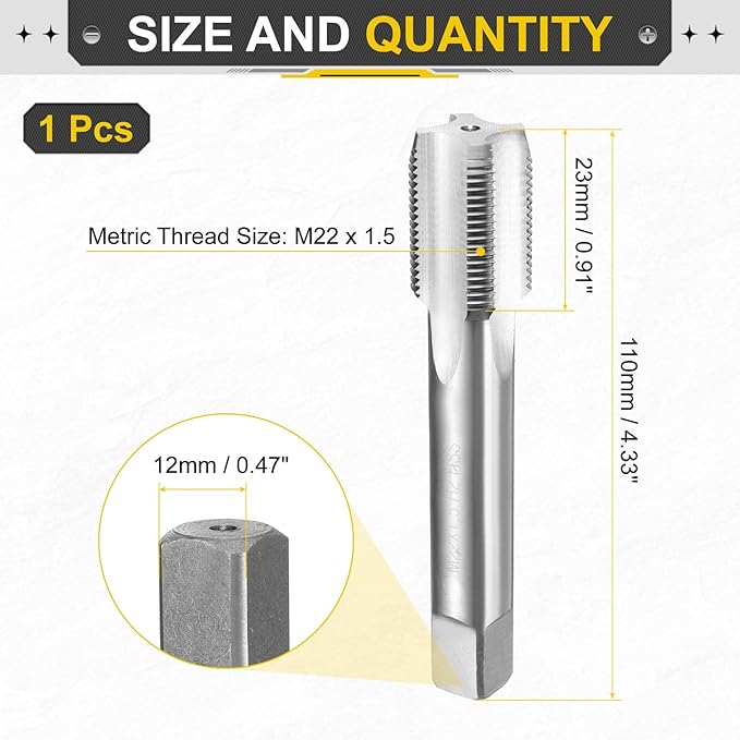 uxcell Hand Plug Tap M22 x 1.5 H2 Metric Thread Plug Style Taps Straight Flute Screw Tapping Threading Tool High Speed Steel HSS6542