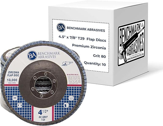 Benchmark Abrasives 4.5" x 7/8" Premium Zirconia T29 Angled Flap Discs 4 1/2 for Angle Grinder, Sanding Discs, Finishing, Rust, Stock Removal- Grinding Wheels 4 1/2 Inch (10 Pack) - 80 Grit