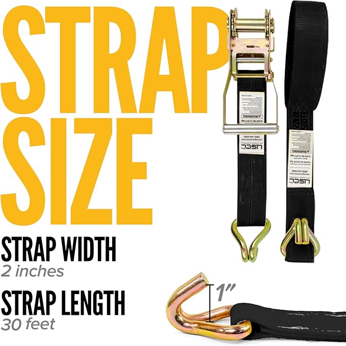 US Cargo Control Wire Hook Ratchet Strap 2 Inch x 30 Foot, 10,000 LBS Break Strength, Ratchet Straps Heavy Duty with Double J Hooks, Black Cargo Tie Downs for Flatbed Trailers and Trucks