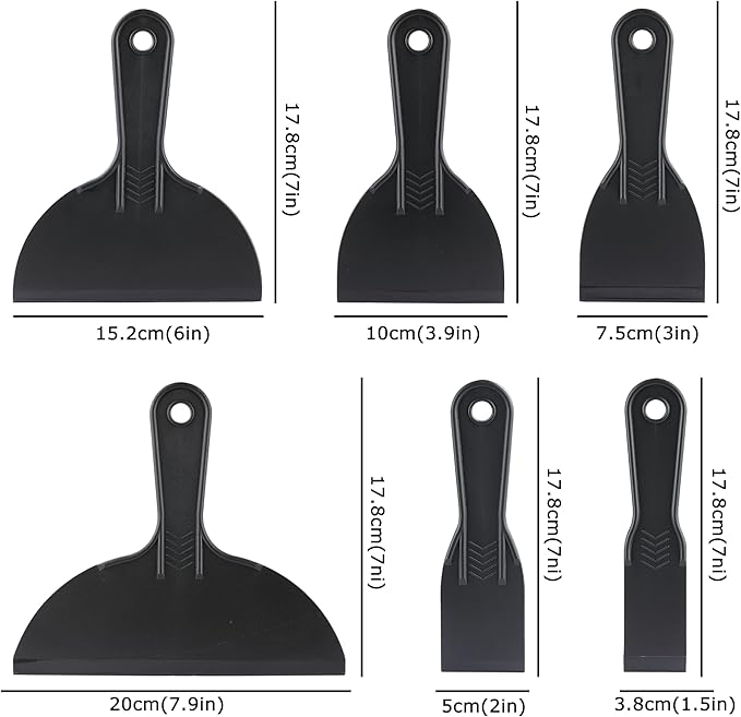 6 Pack Plastic Putty Knife, Durable Plastic Scraper Tool with No-Slip Grip for Spackle, Spreader, Non Scratch and Easy Cleaning Spackle Knife, Putty Knife Set, Black