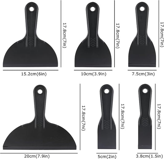 6 Pack Plastic Putty Knife, Durable Plastic Scraper Tool with No-Slip Grip for Spackle, Spreader, Non Scratch and Easy Cleaning Spackle Knife, Putty Knife Set, Black