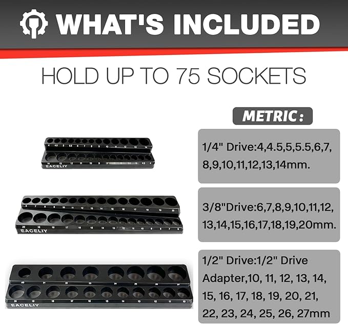 3Pcs 1/2", 1/4" and 3/8" Magnetic Socket Organizer Set,Metric Socket Holder Kit, Socket Trays竊똦olds 75 Deep and Shallow 3/8" Sockets(sockets not included)