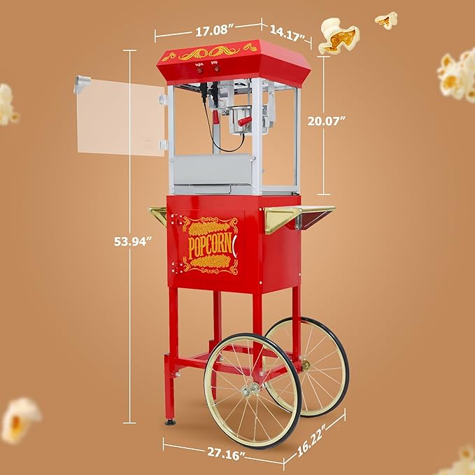 8 Oz Popcorn Machine Cart, 650 W, Popcorn Maker Machine with Stainless-Steel Kettle, Movie Theater Popcorn Machine with Steel Frame Tempered Glass Doors & Heated Warming Deck, Red