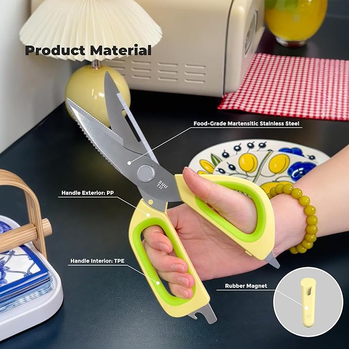 Zuutii Magnetic Kitchen Scissors, Heavy Duty Multi-Purpose Cooking Shears - Dishwasher Safe, Comfort Grip with Safety Lock Food Scissors for Chicken Bones, Herbs, Poultry, Vegetables,Yellow&Green