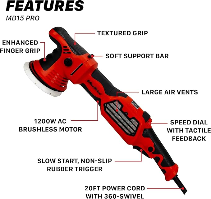 Maxshine MB15 Pro Brushless DA Polisher | 15mm Throw, 5??Plate, 1200W Motor, 6-Speed, 5/16??24 Thread | Auto, Boat & Marine Detailing Tool for Paint Correction, Swirl & Scratch Removal