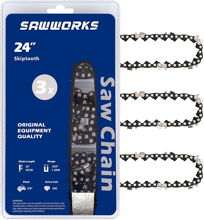 SawWorks 3-Pack Skiptooth 24 Inch Chainsaw Chain 3/8" Pitch .050" Gauge 84 Drive Links Fits Husqvarna 460 (Rancher), H47S-84, Stihl 33RSF84E 25"/24" MS390, MS310, MS361, MS460, Oregon 72EXJ084G