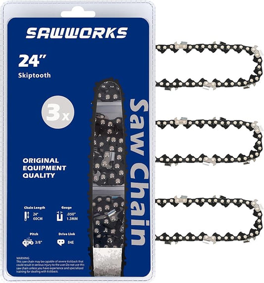 SawWorks 3-Pack Skiptooth 24 Inch Chainsaw Chain 3/8" Pitch .050" Gauge 84 Drive Links Fits Husqvarna 460 (Rancher), H47S-84, Stihl 33RSF84E 25"/24" MS390, MS310, MS361, MS460, Oregon 72EXJ084G