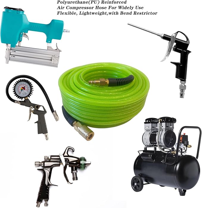 Air Hose 1/4 in x 100 ft, Polyurethane(PU), Reinforced Air Compressor Hose, Lightweight, Kink Resistant with 1/4??Industrial High Flow Quick Coupler&Plug, Bend Restrictors,300 PSI (100FT, White Green)