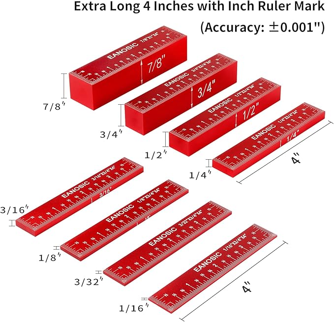 Setup Blocks Height Gauge Set, 8pcs Precision Aluminum Setup Bars for Router and Table Saw Accessories Woodworking Set Up, Bars Include Laser Engraved Size Markings (Extra Long 4 Inch)