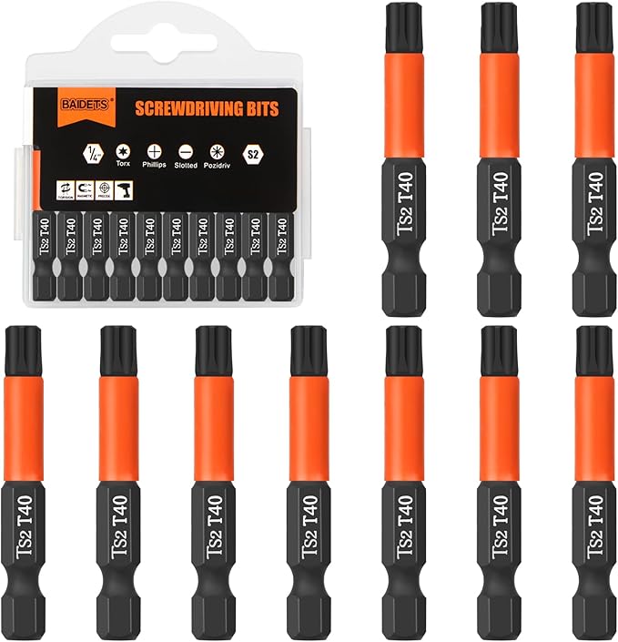 Pro T40 Screwdriver Bit Set - Torx Screwdriver 10 Pieces, 50mm Length, 1/4" Hex Shank Bit Assortment, with Storage Box