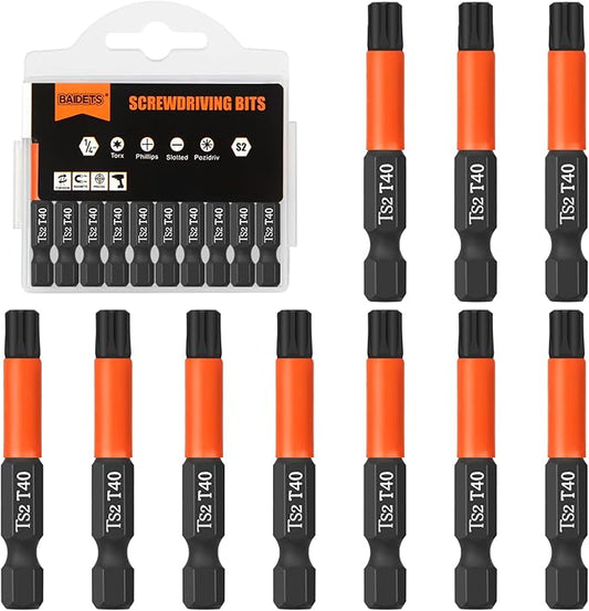Pro T40 Screwdriver Bit Set - Torx Screwdriver 10 Pieces, 50mm Length, 1/4" Hex Shank Bit Assortment, with Storage Box