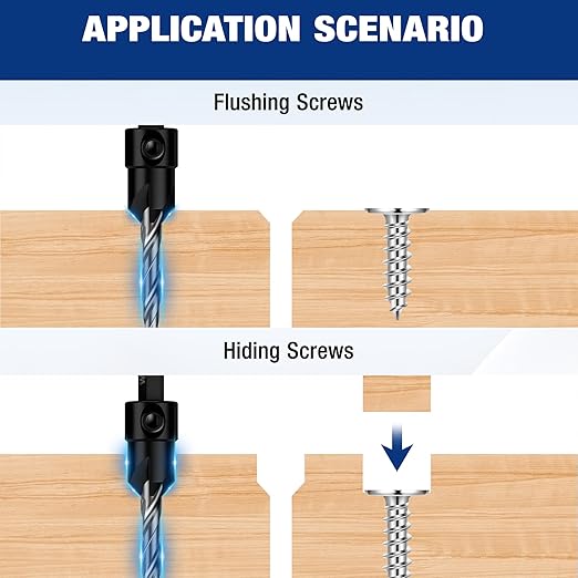 WORKPRO 5-Pack Countersink Drill Bit Set, #4, #6, #8, #10,#12, M2 HSS, 4-Flute Design, Adjustable with Included Hex Key, Ideal for Woodworking & Metal Drilling