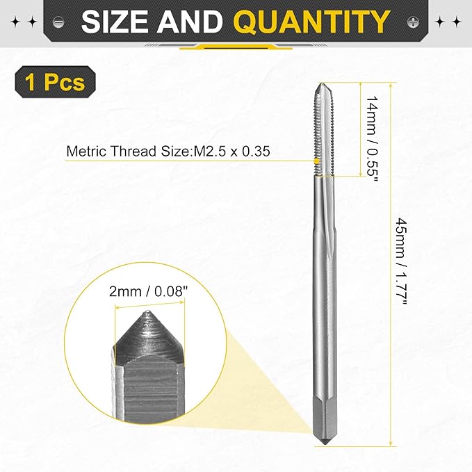 uxcell Hand Plug Tap M2.5 x .35 H2 Metric Thread Plug Style Taps Straight Flute Screw Tapping Threading Tool High Speed Steel HSS6542