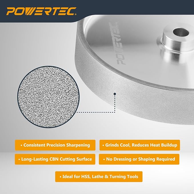 POWERTEC CBN Grinding Wheel 8 Inch 320 Grit, 1-1/2" Wide, 5/8" Arbor ??Bench Grinder Sharpening Wheel for HSS Tools, Lathe Chisels, and Woodturning Tools (15705)