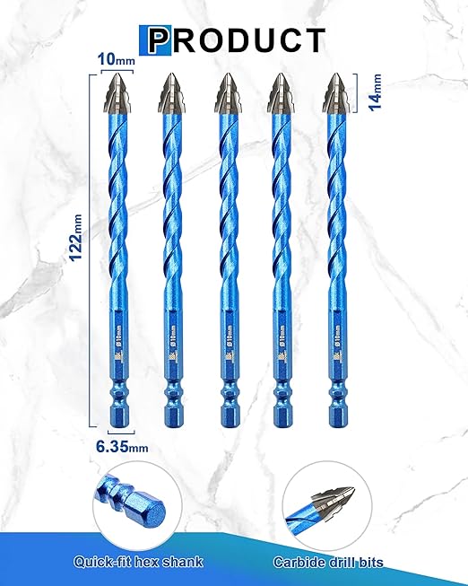 Serrated Carbide Masonry Drill Bit Set 3/8"*5 - Wood Drill Bits for Wood/Plastic/Masonry/Ceramic Tile Hex Shank Drills