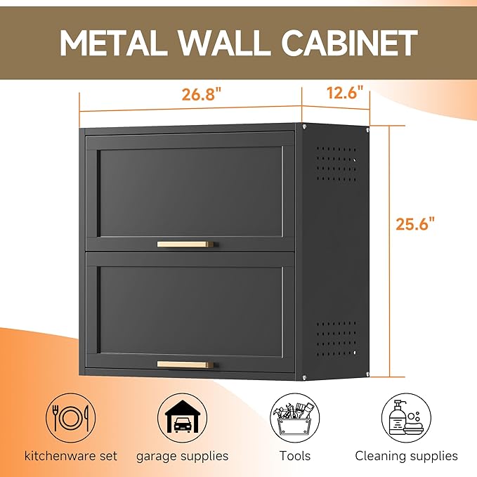 Coolsun Metal Wall Cabinet, Garage Wall Cabinet with Up-Flip Door, 25.6" H Wall Mounted Metal Storage Cabinet for Kitchen,Garage,Basement,Ware House Assembly Required (25.6" H Black)