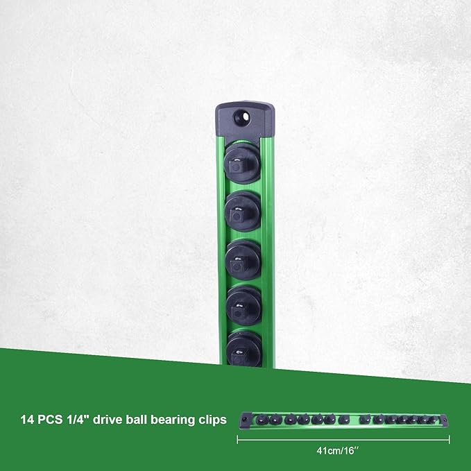 Magnetic Socket Holder Organizer Set:1/4-Inch Drive Socket Trays Socket, 360째 Swivel 14 Clips Socket Holder Kit, For Automotive Mechanic Garage (Green)