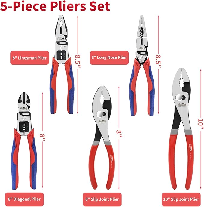 5-Piece Pliers Set with Case Including 8-In and 10-In Slip Joint Plier, 8.4??Needle Nose Plieres, 8.4??Linesman, 8.6??Diagonal Wire Cuters for DIY & Home Use