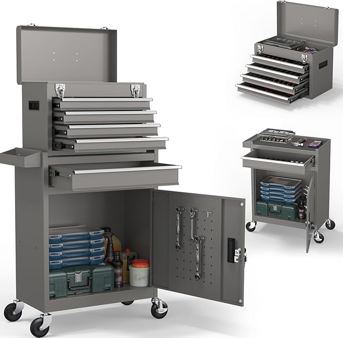 5-Drawers Tool Chest, 2-in-1 Rolling Tool Box with Wheels and Drawers, Detachable Storage Toolbox with Lock, Heavy-Duty Metal Tool Cart for Garage, Workshop (Gray)