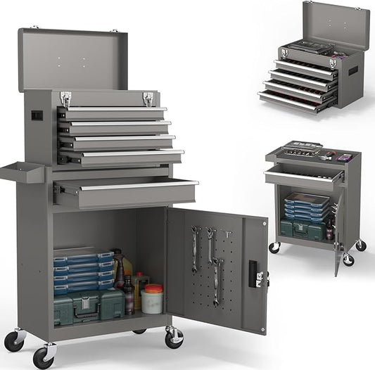 5-Drawers Tool Chest, 2-in-1 Rolling Tool Box with Wheels and Drawers, Detachable Storage Toolbox with Lock, Heavy-Duty Metal Tool Cart for Garage, Workshop (Gray)