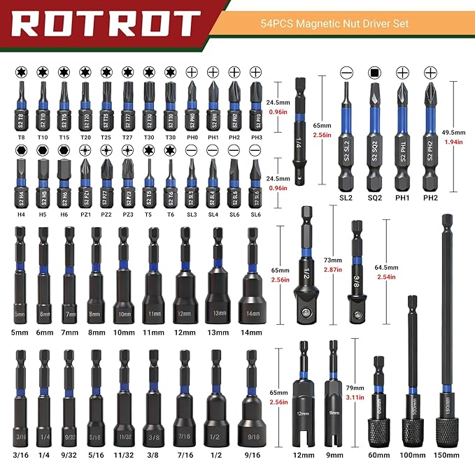 54-Piece Magnetic Nut Driver Set, Impact Drill Driver Bit 1/4", Metric & SAE Nut Drivers for Impact Drill, Socket Adapters, Screwdriver Bit, Quick-Release Extension, Wing Nut Driver, Storage Box