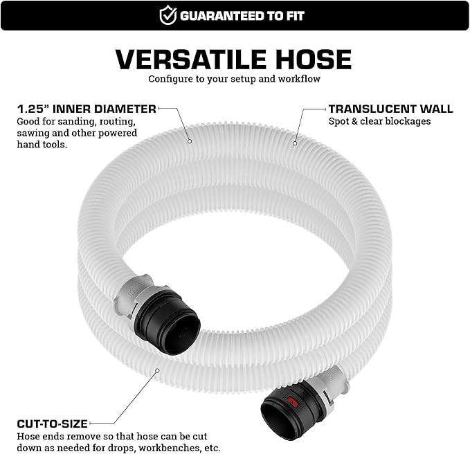 Mullet Tools FitsAll Shop Vac & Power Tool Hose Kit - 8 Dust Port Bushings, Translucent Shop Vacuum Hose, 10ft Hose, 1.25-inch diameter, Kink and Crush Resistant