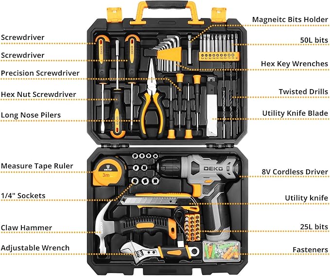 DEKOPRO Tool Set竊숿ool Kit with 8V Cordless Drill,Tool Box with Drill,Hand Drill Set for Men & Women,Home Tool Kits for House Repair,Handyman,DIY 126 Piece