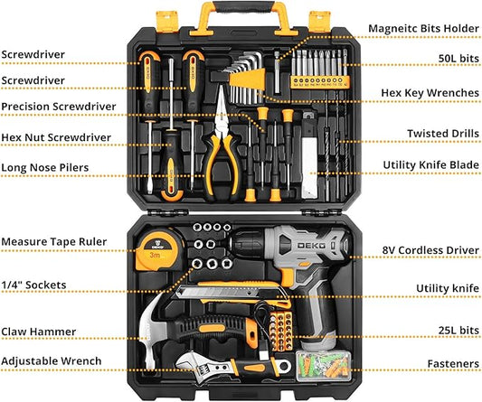 DEKOPRO Tool Set竊숿ool Kit with 8V Cordless Drill,Tool Box with Drill,Hand Drill Set for Men & Women,Home Tool Kits for House Repair,Handyman,DIY 126 Piece