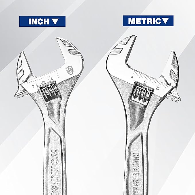 WORKPRO 2-piece Adjustable Wrench Set, 6-Inch & 10-Inch Black Oxide Wrenches, Cr-V Steel, Wide Jaw Wrench with Metric & SAE Scale, good for Home, Garage, Workshop