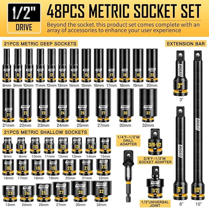 boen 48PCS 1/2??Drive Metric Socket Set, Impact Deep&Shollow Socket(8mm-32mm), for Lug Nut Use, 6-Point with Yellow Embossed Marking, CR-MO