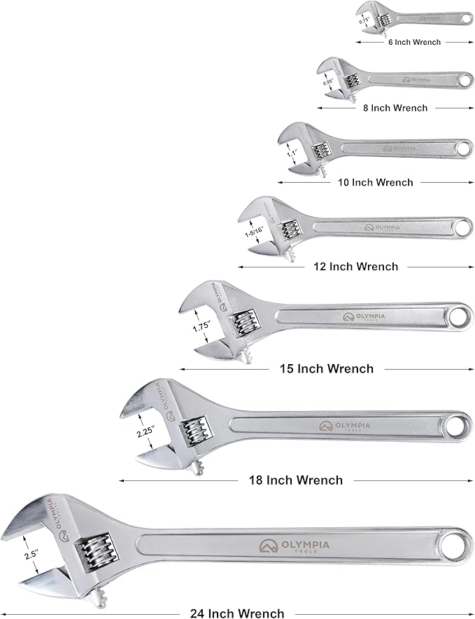 Olympia Tools 15" Adjustable Wrench, Heavy Duty Drop Forged Steel, Chrome Plated, Precision Machined Jaws, Rust Resistant