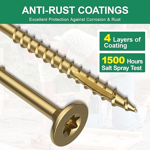#8 x 2” Deck Screws, 100Pcs Star Drive Wood Screws, Rust Resistant Timber Screws for Timber/Log/Landscaping Wood, T20 Star Bit Included, Gold
