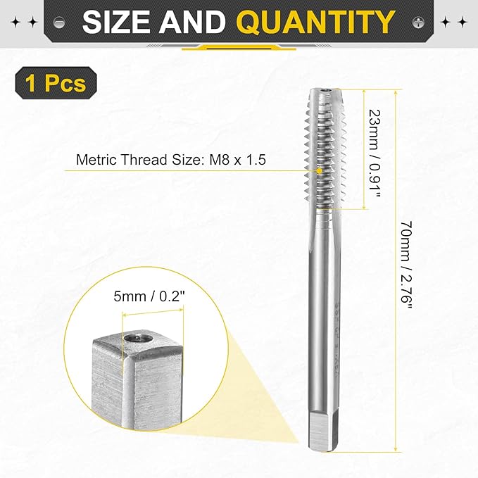 uxcell Hand Plug Tap M8 x 1.5 H2 Metric Thread Plug Style Taps Straight Flute Screw Tapping Threading Tool High Speed Steel HSS6542