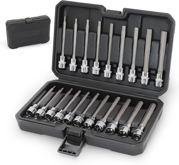Extra-Long Allen Hex Bit Socket Set,20-Piece 3/8 Inch Drive,Standard SAE & Metric (1/8-Inch - 7/16-Inch, 3-12mm) for Repair and Assembly