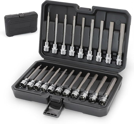 Extra-Long Allen Hex Bit Socket Set,20-Piece 3/8 Inch Drive,Standard SAE & Metric (1/8-Inch - 7/16-Inch, 3-12mm) for Repair and Assembly