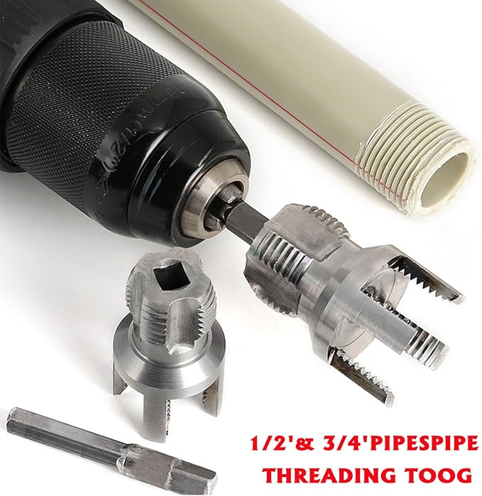 Pipe Threading Tool Kit with Internal & External Threader, 1/2"+ 3/4" Pipe Sizes,Pipe Thread Cutting Tool, Electric Drill Compatible PVC Pipe Threader Kit, Pipe Sizes Rethreading Tool