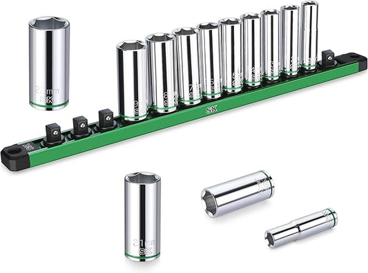 SK 3/8" Drive Socket Set, Deep Metric Sockets, 13-Piece 10-22mm, SuperKrome Finish, Premium CR-V Construction, with Aluminum Socket Organizer