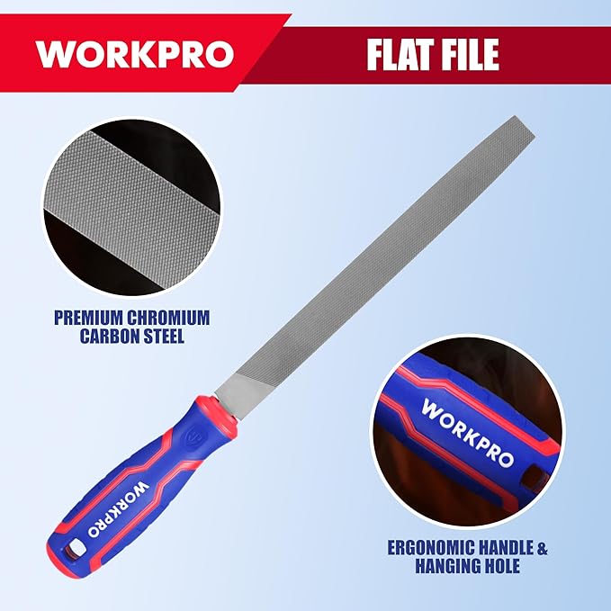 WORKPRO Metal File Set 3PCS 8 Inch High Carbon Steel Flat, Round & Half-Round Files for Metal, Wood & Plastic, Durable Hand Tools for Shaping, Smoothing & Finishing