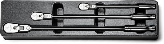 Capri Tools Fine 90-Tooth Locking Flex-Head Ratchet Set, Extra Long Chrome Handle, 1/4, 3/8, 1/2 in. Drive, 3-Piece