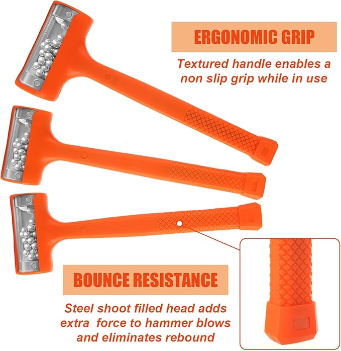 Dead Blow Hammer, Set of 3 Rubber Mallet Hammer Deadblow Hammers Neon Orange Deadblow Mallets with Non-Marring Coating (1lb, 2lb, 3lb Hammers)