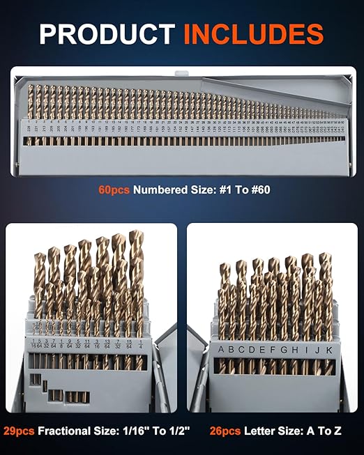 COMOWARE Cobalt Drill Bit Set- 115Pcs M35 High Speed Steel Twist Jobber Length for Hardened Metal, Stainless Steel, Cast Iron and Wood Plastic with Metal Indexed Storage Case, 1/16" - 1/2"