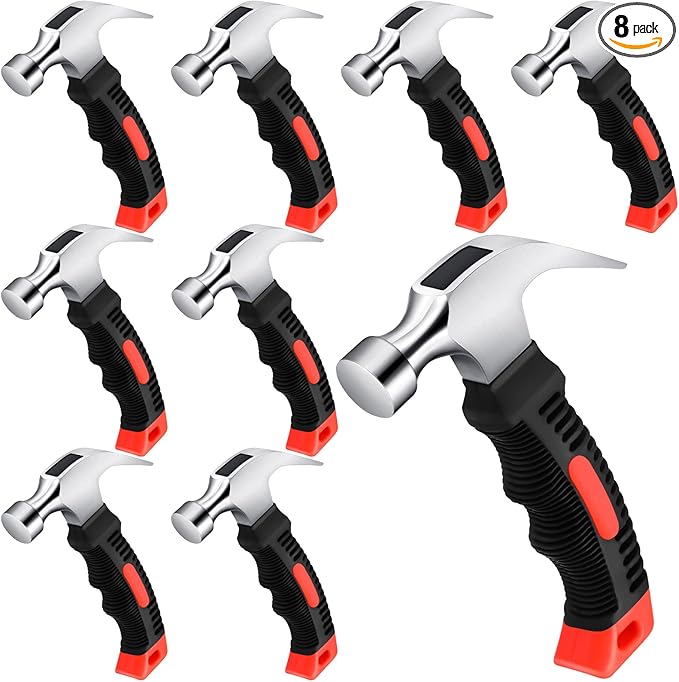 8 Pieces Small Hammer 12 Ounce Mini Hammer for Kids Women Men, Lightweight Melt Claw Hammers Bulk with Hardware Nails for Hanging Pictures Crafts Tent Kit (Orange and Black)