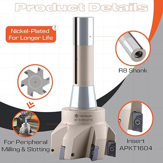 R8 Shank Indexable End Mill 3" Cutting Diameter x 6-1/4" Oal 90 Degree with Nickel Plating, Includes 6 APKT1604 Carbide Inserts