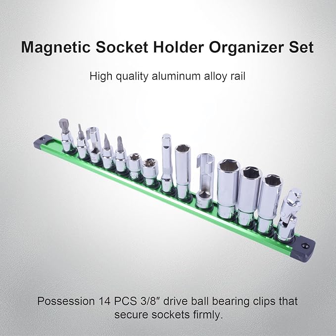 Magnetic Socket Holder Organizer Set:3/8-Inch Drive Socket Trays Socket, 360째 Swivel 14 Clips Socket Holder Kit, For Automotive Mechanic Garage (Green)